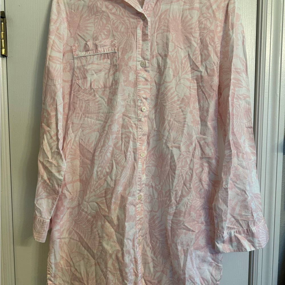 Derek Rose London Pink Leaf Print Button-Up Night Shirt